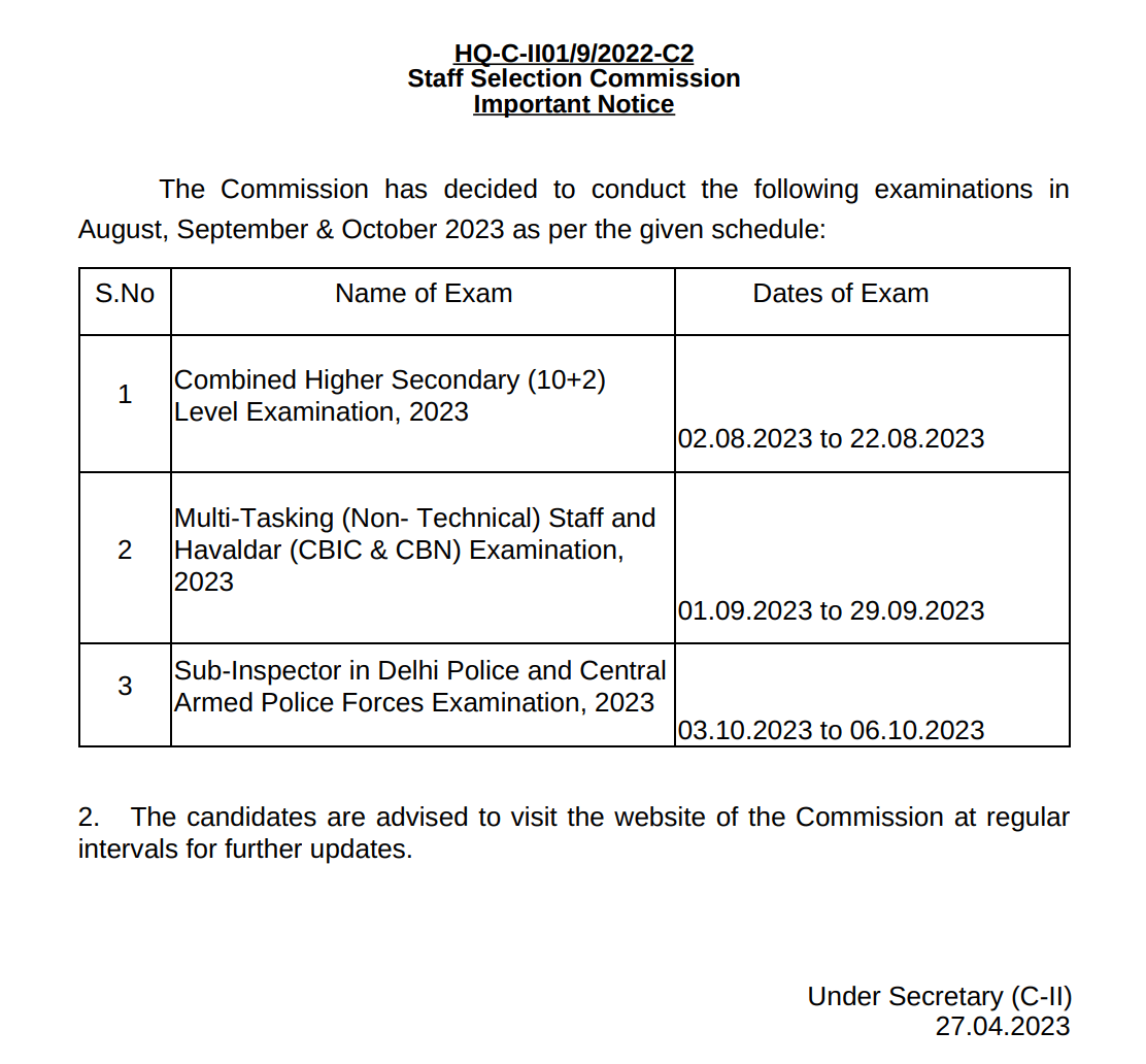 SSC Exam Calendar 2023-24 Download PDF